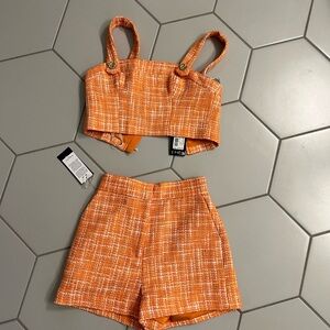 Orange Tweed Crop Top and Shorts Set